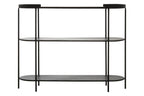 Grey Glass Top Console Table With Two-Tier Shelves And Black Metal Frame
