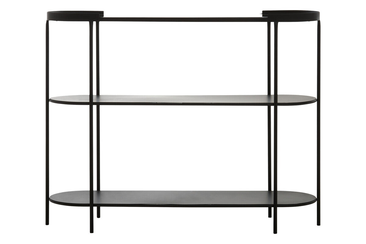 Grey Glass Top Console Table With Two-Tier Shelves And Black Metal Frame
