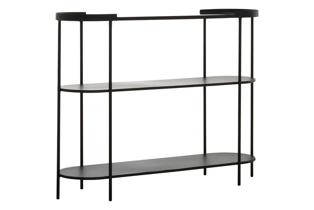 Grey Glass Top Console Table With Two-Tier Shelves And Black Metal Frame