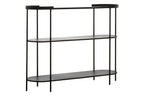 Grey Glass Top Console Table With Two-Tier Shelves And Black Metal Frame