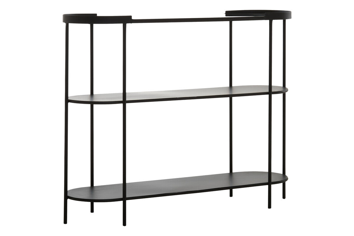 Grey Glass Top Console Table With Two-Tier Shelves And Black Metal Frame