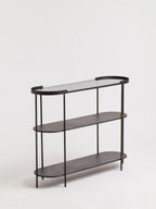 Grey Glass Top Console Table With Two-Tier Shelves And Black Metal Frame