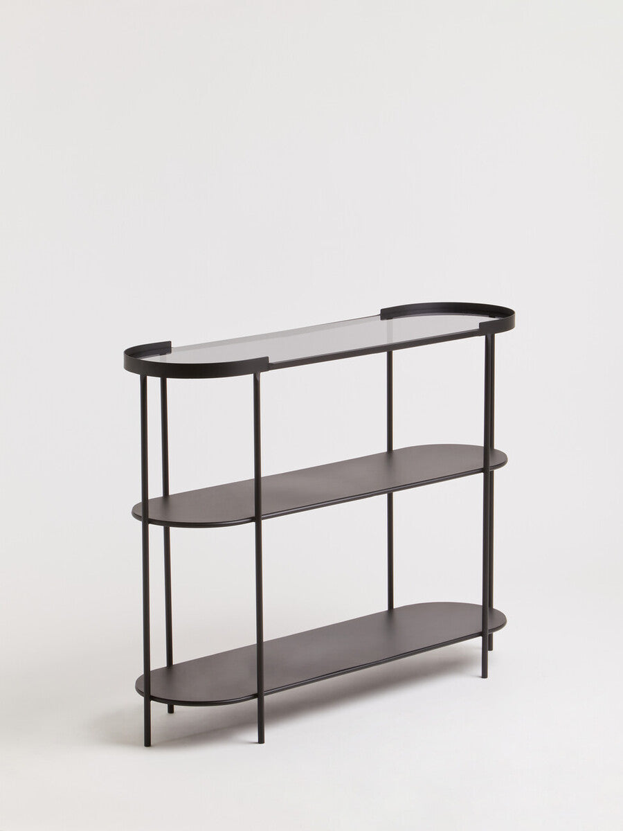 Grey Glass Top Console Table With Two-Tier Shelves And Black Metal Frame