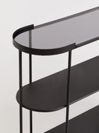 Grey Glass Top Console Table With Two-Tier Shelves And Black Metal Frame