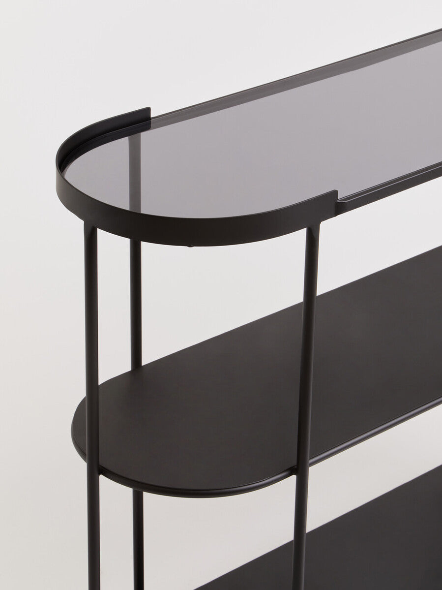 Grey Glass Top Console Table With Two-Tier Shelves And Black Metal Frame