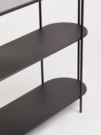 Grey Glass Top Console Table With Two-Tier Shelves And Black Metal Frame