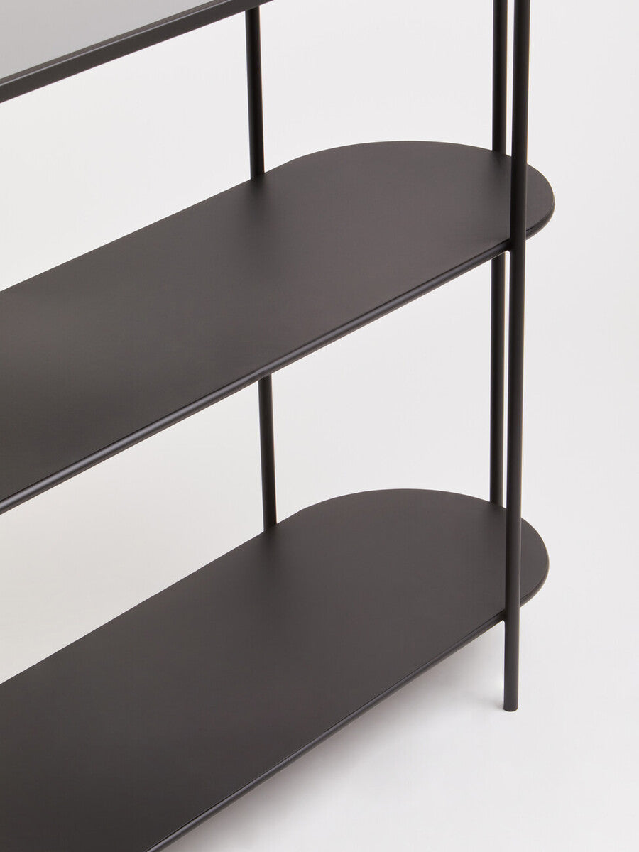 Grey Glass Top Console Table With Two-Tier Shelves And Black Metal Frame