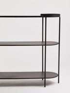 Grey Glass Top Console Table With Two-Tier Shelves And Black Metal Frame