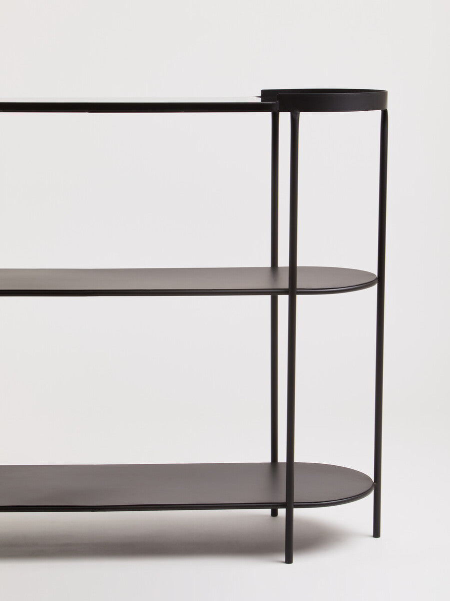 Grey Glass Top Console Table With Two-Tier Shelves And Black Metal Frame
