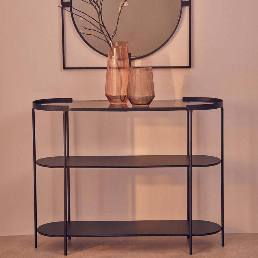 Grey Glass Top Console Table With Two-Tier Shelves And Black Metal Frame