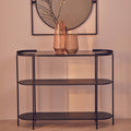 Grey Glass Top Console Table With Two-Tier Shelves And Black Metal Frame