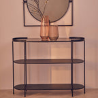 Grey Glass Top Console Table With Two-Tier Shelves And Black Metal Frame