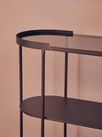 Grey Glass Top Console Table With Two-Tier Shelves And Black Metal Frame