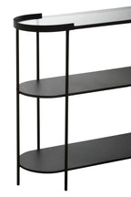 Grey Glass Top Console Table With Two-Tier Shelves And Black Metal Frame