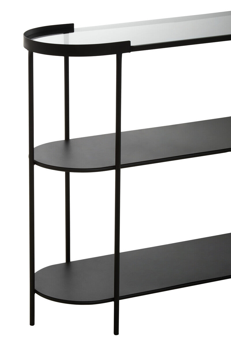 Grey Glass Top Console Table With Two-Tier Shelves And Black Metal Frame