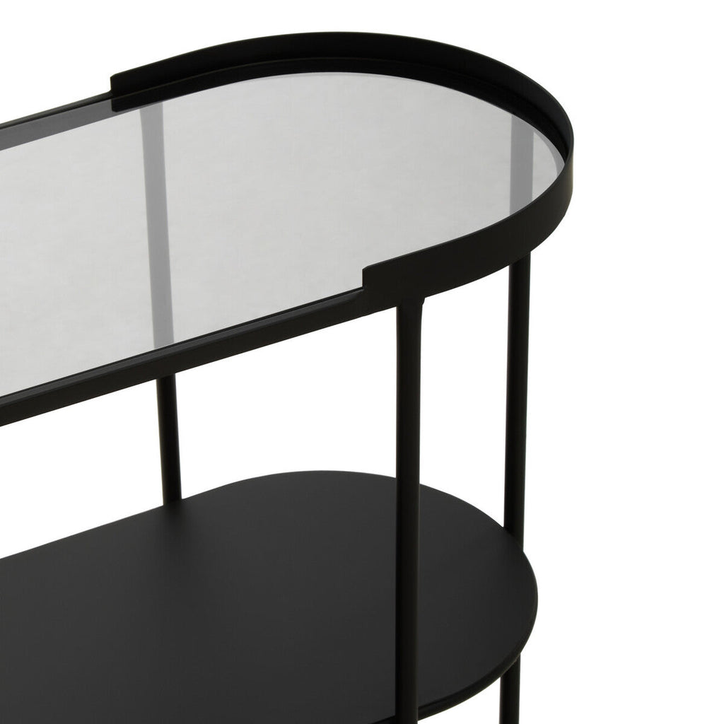 Grey Glass Top Console Table With Two-Tier Shelves And Black Metal Frame