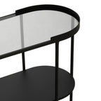 Grey Glass Top Console Table With Two-Tier Shelves And Black Metal Frame