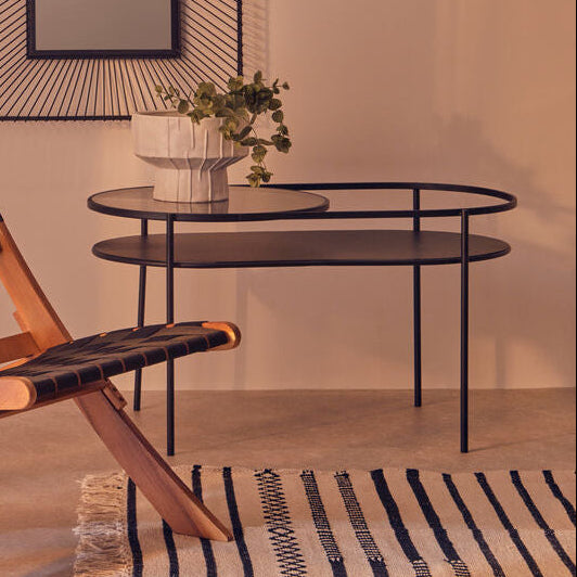 Grey Glass and Black Finish 2 Tier Oval Coffee Table