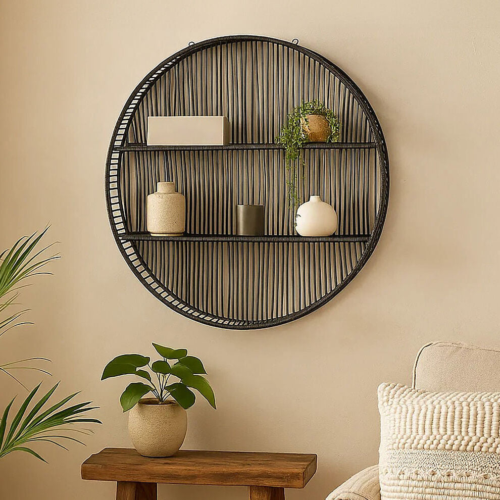 Large Black Rattan Wall Shelf