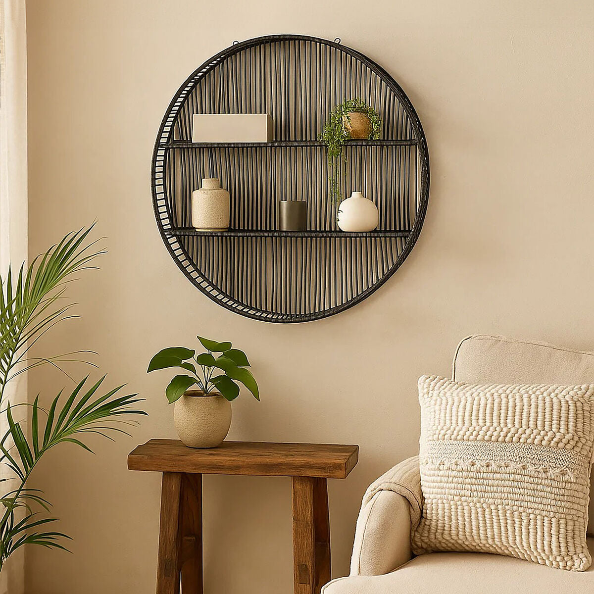 Large Black Rattan Wall Shelf