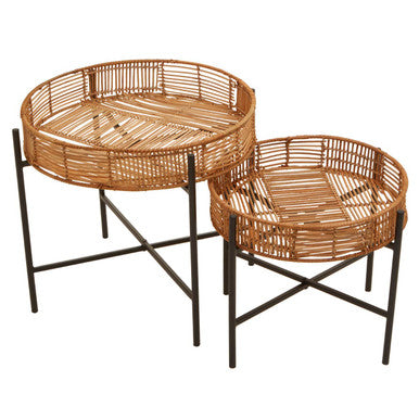 Natural Rattan and Black Metal Set of 2 Side Tables