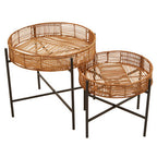 Natural Rattan and Black Metal Set of 2 Side Tables
