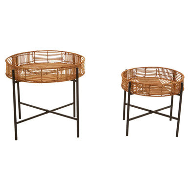 Natural Rattan and Black Metal Set of 2 Side Tables