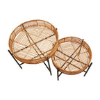 Natural Rattan and Black Metal Set of 2 Side Tables