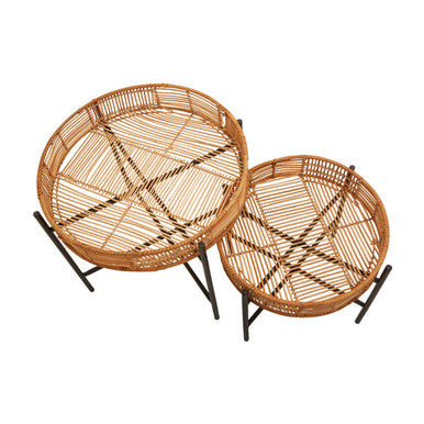 Natural Rattan and Black Metal Set of 2 Side Tables