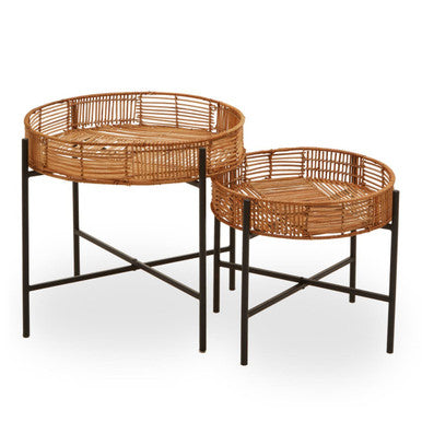 Natural Rattan and Black Metal Set of 2 Side Tables