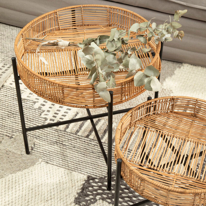 Natural Rattan and Black Metal Set of 2 Side Tables