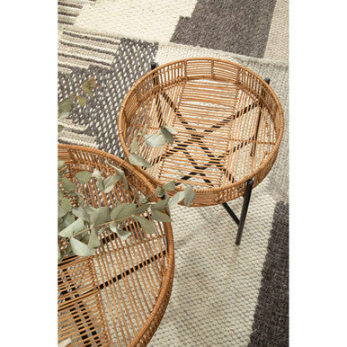 Natural Rattan and Black Metal Set of 2 Side Tables