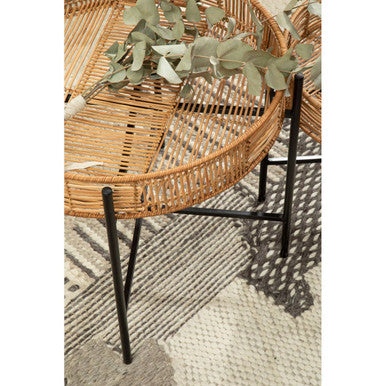Natural Rattan and Black Metal Set of 2 Side Tables