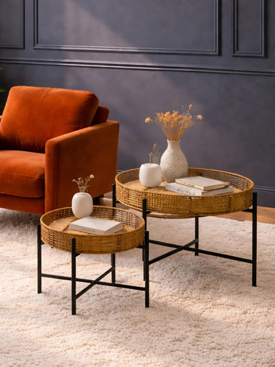 Natural Rattan and Black Metal Set of 2 Side Tables