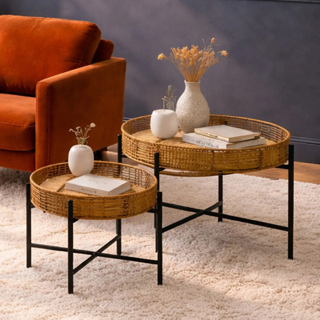 Natural Rattan and Black Metal Set of 2 Side Tables