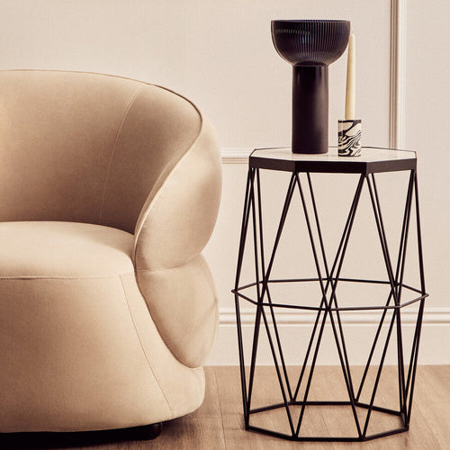 Black Angular Iron Frame Side Table with White Marble Top