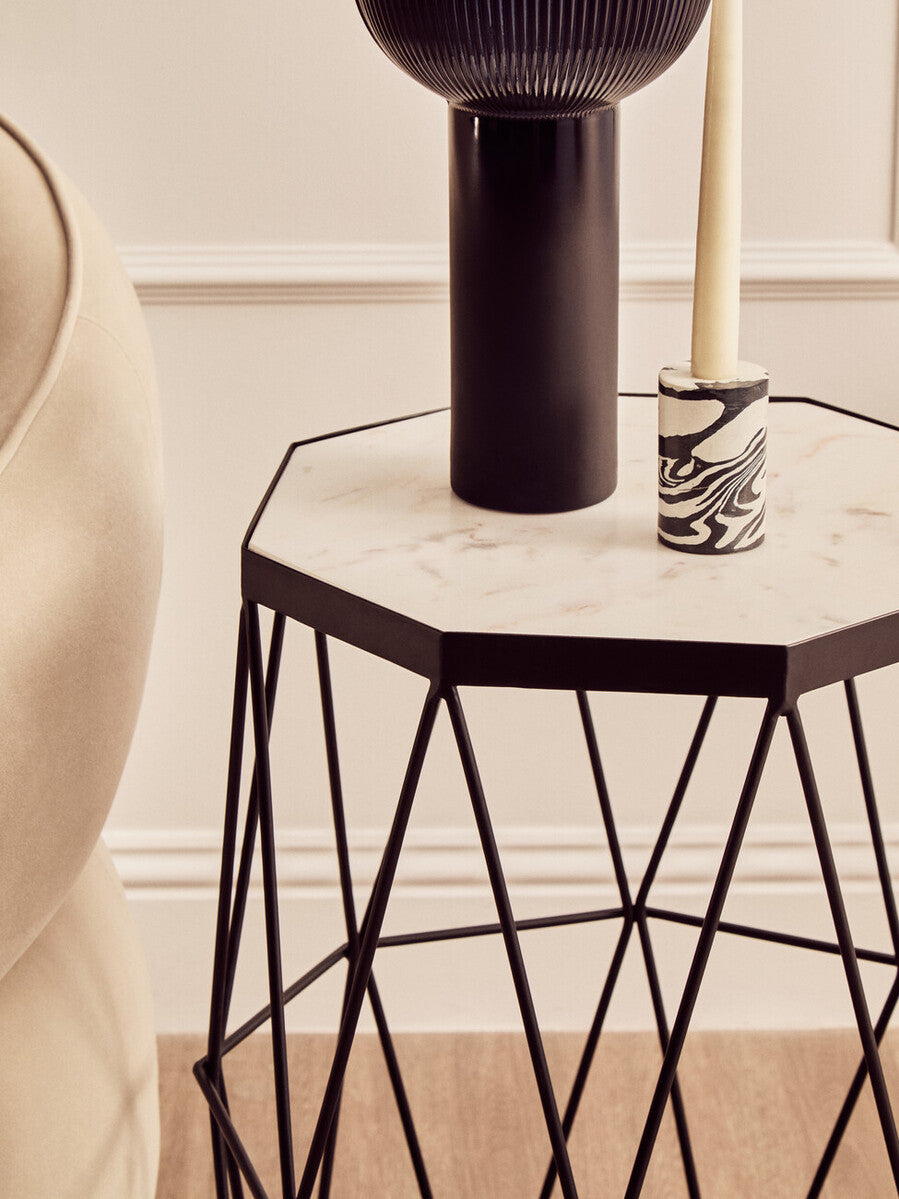 Black Angular Iron Frame Side Table with White Marble Top