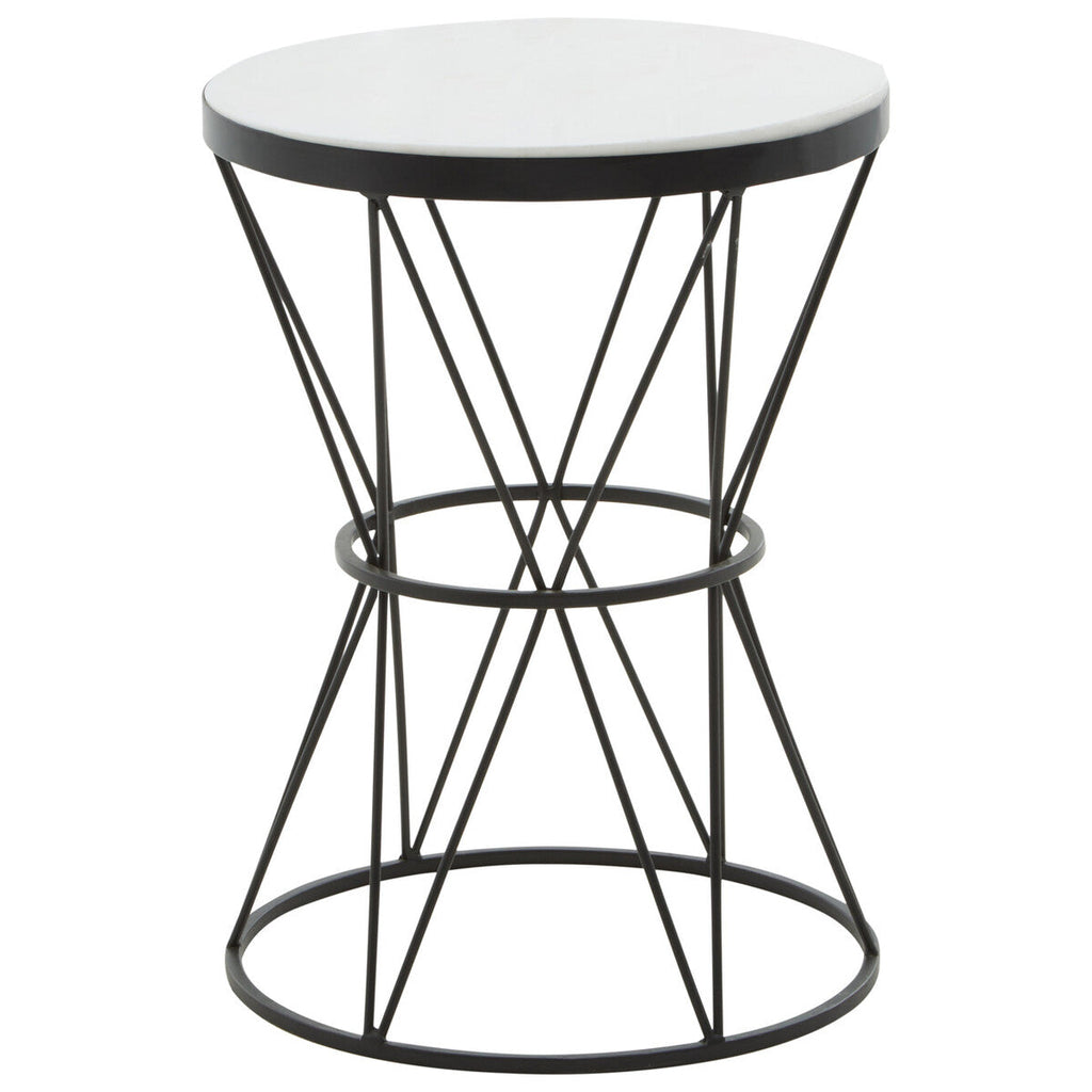 White Marble Top Side Table with Black Triangular Iron Base