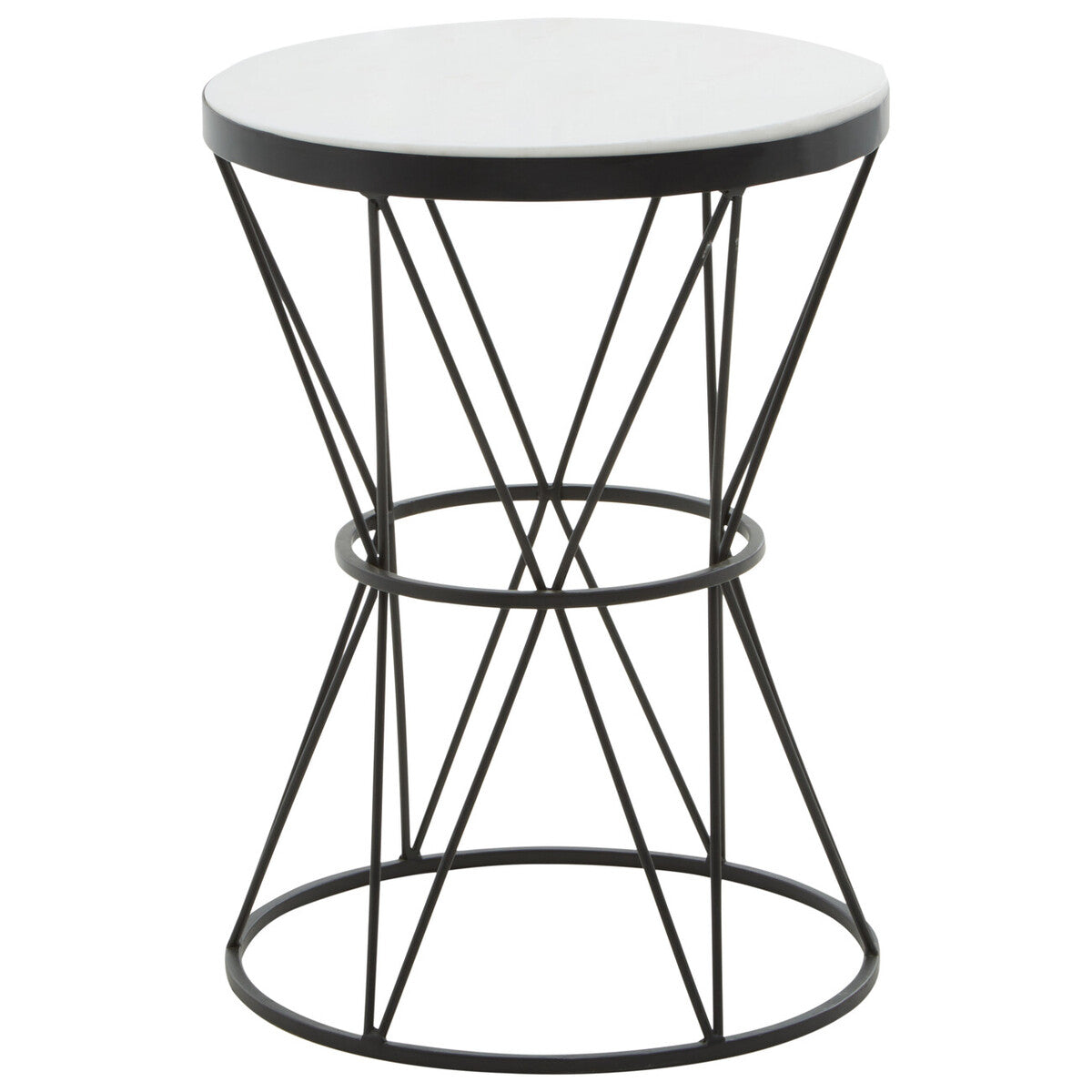 White Marble Top Side Table with Black Triangular Iron Base