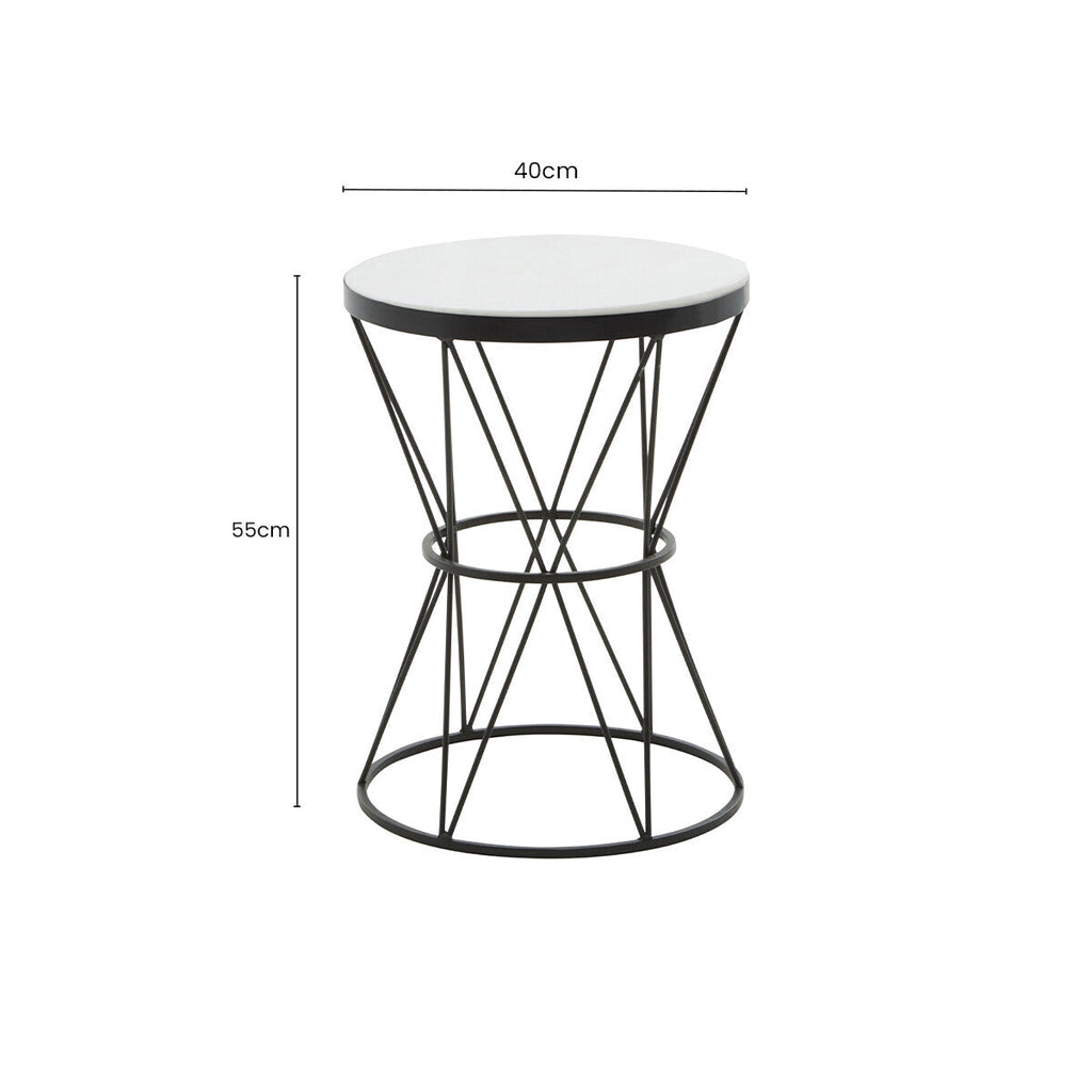 White Marble Top Side Table with Black Triangular Iron Base
