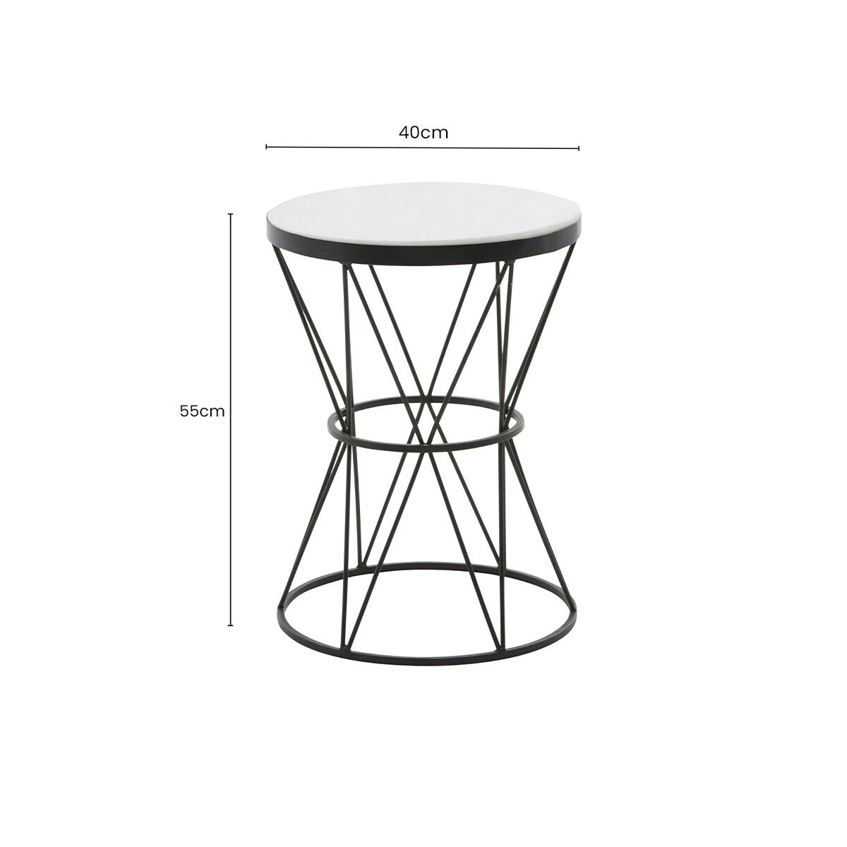 White Marble Top Side Table with Black Triangular Iron Base