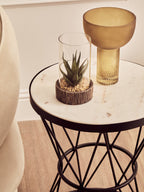 White Marble Top Side Table with Black Triangular Iron Base