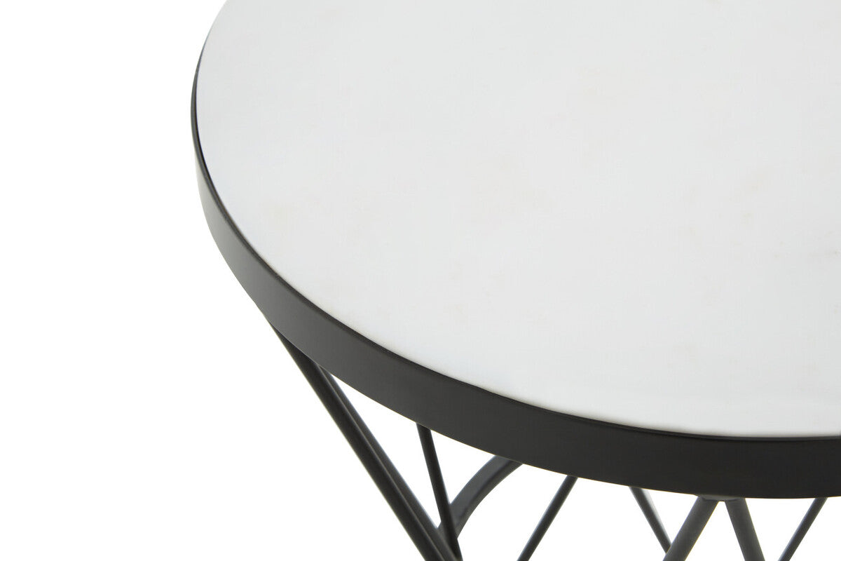 White Marble Top Side Table with Black Triangular Iron Base