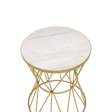 White Marble Top Side Table with Gold Iron Wireframe Base