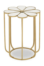 White and Gold Iron Frame Side Table with Petal Design Mirrored Top