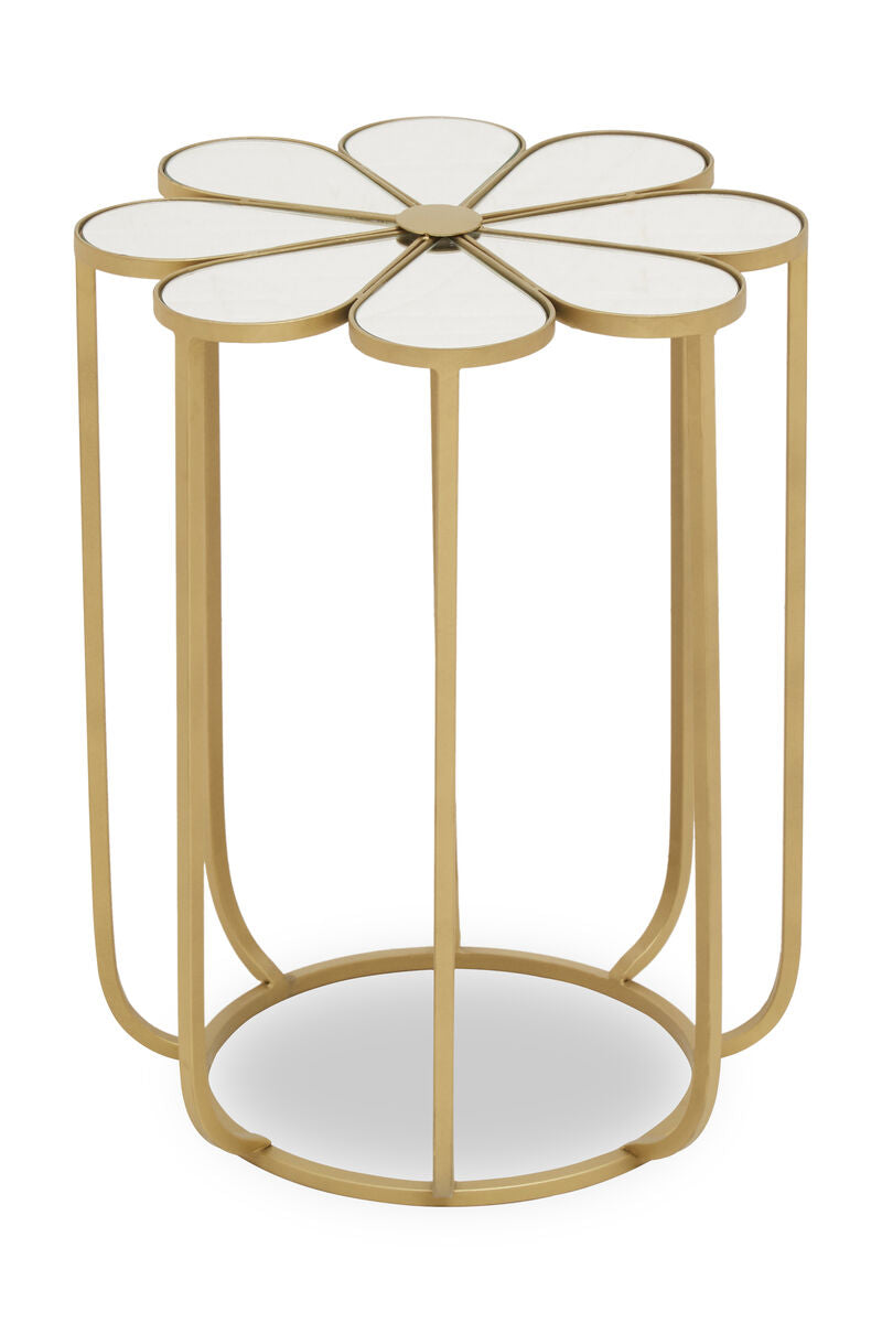 White and Gold Iron Frame Side Table with Petal Design Mirrored Top