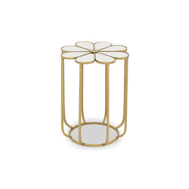 White and Gold Iron Frame Side Table with Petal Design Mirrored Top