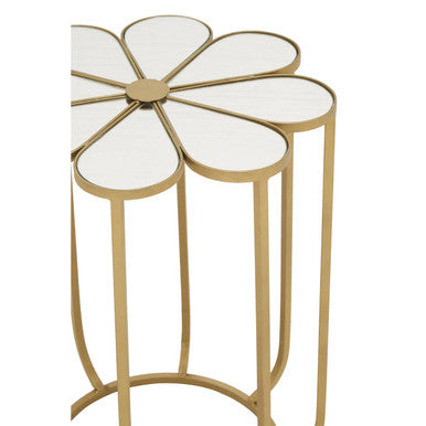 White and Gold Iron Frame Side Table with Petal Design Mirrored Top