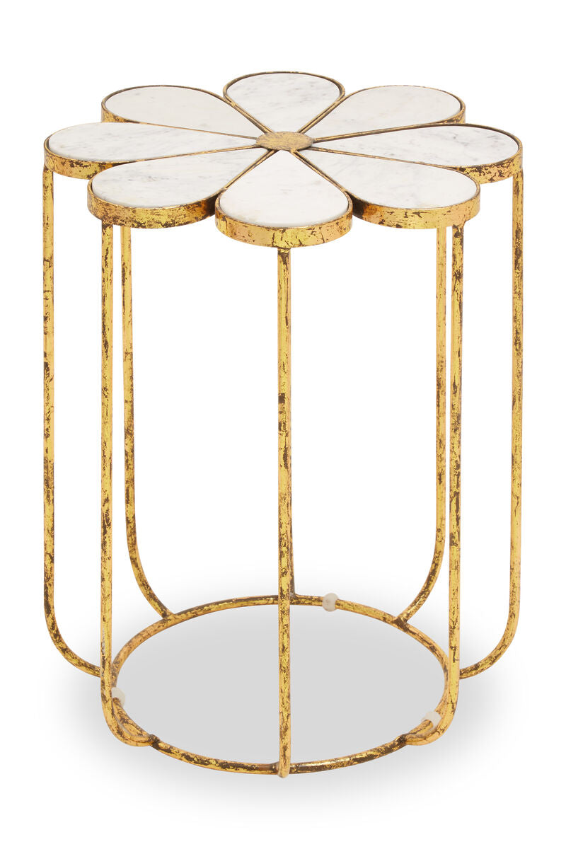 White Polished Marble Top Side Table with Petal Design Openwork Base