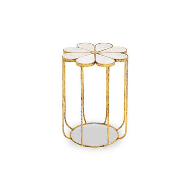 White Polished Marble Top Side Table with Petal Design Openwork Base